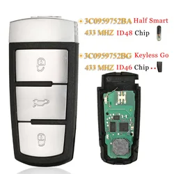 Jingyuqin 3 przyciski pół Smart / Keyless Go pilot z kluczykiem samochodowym 3 c0959752ba/BG 433Mhz ID46/48 Chip dla VW Passat Magotan CC