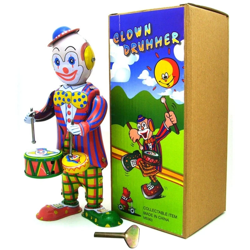 Palhaço criativo bateria brinquedo, circo para exibição cafeteria, decoração pós-80s, brinquedo vintage nostálgico