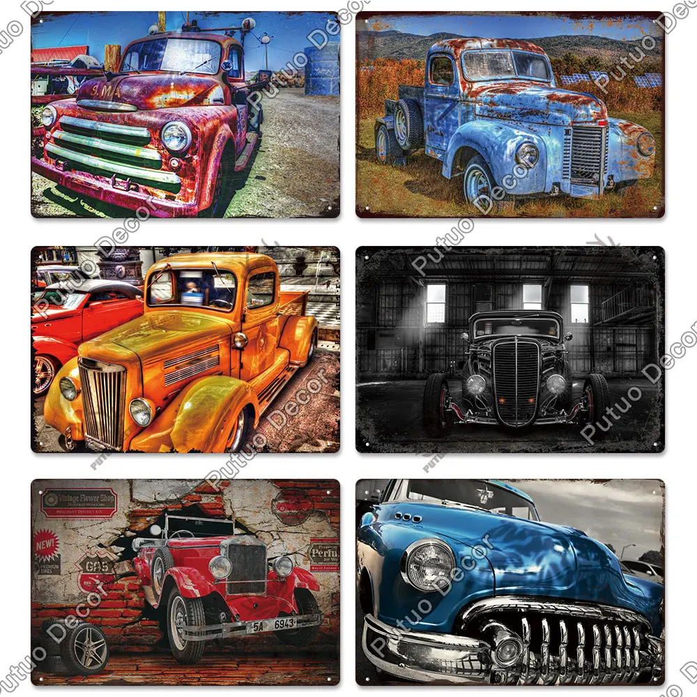 Putuo Decor Classic Cars Retro Plaque Metal Plate Vintage Tin Sign for Garage Man Cave Home Wall Art Decoration Car Posters