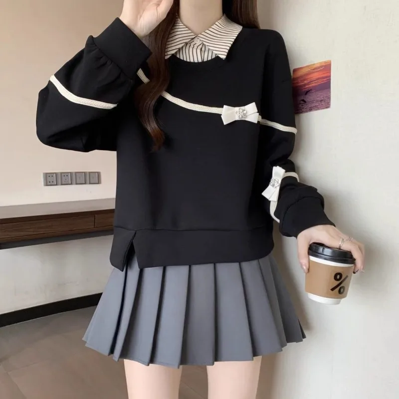 レディース スウェットシャツ ストライプ 韓国風 リボン付き コットン カジュアル ノベルティ Y2K ヴィンテージ 90年代風 フェイクツーピース風 女性用プルオーバートップス