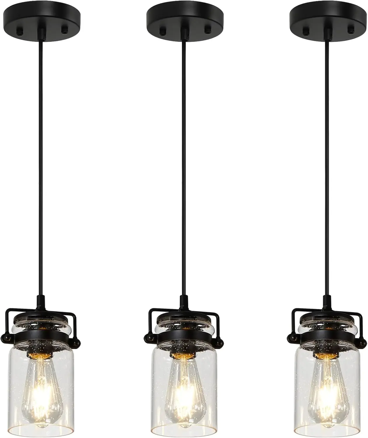 3 Pack Industrial Pendant Lighting Fixtures, Hanging Pendant Lights With Seeded Glass Shade, Black Ceiling Light Fixture