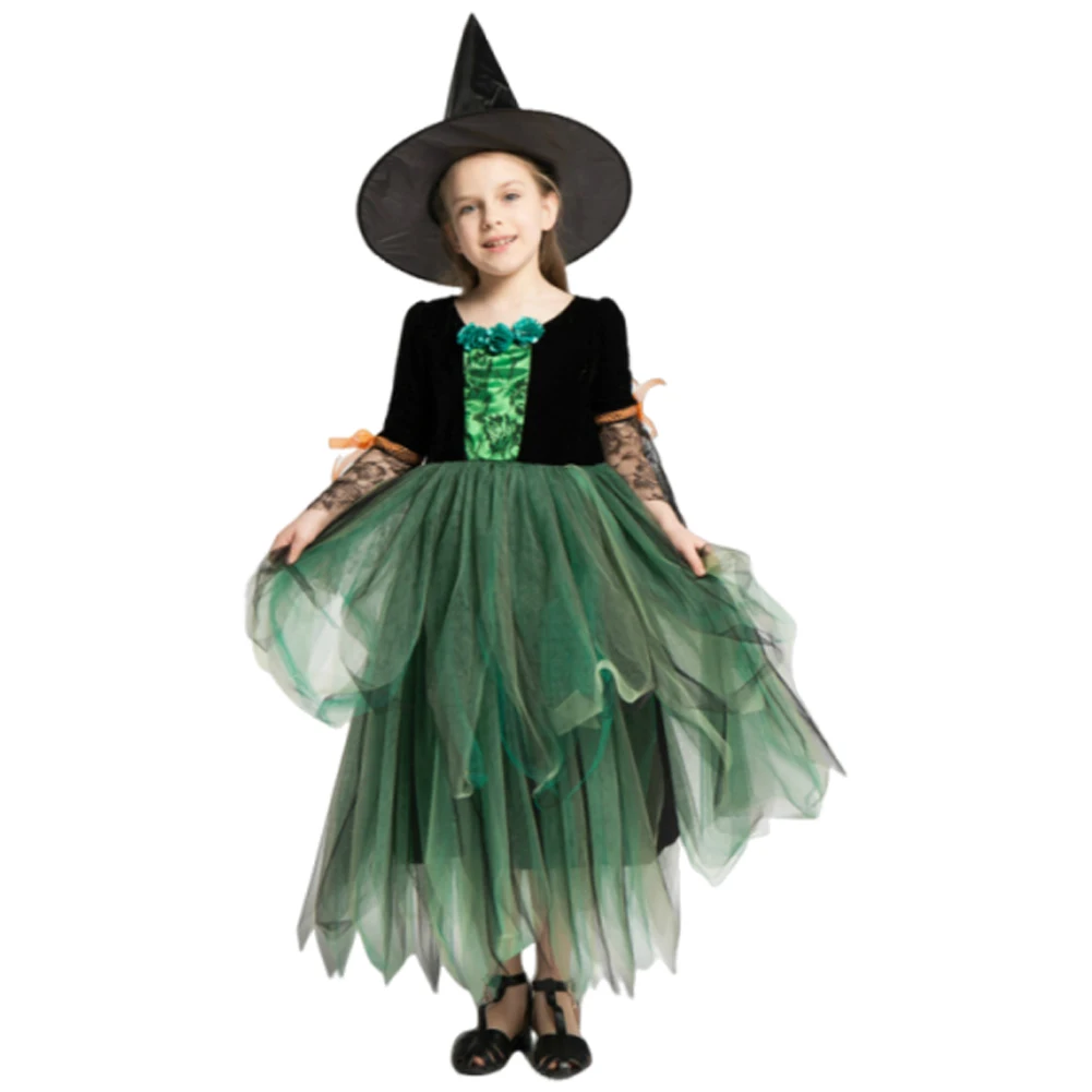 Costume cosplay da strega per bambina, vestito da tutu, cappello, abiti, gonna da principessa in rete verde, performance sul palco, gonne da ballo, festa di Halloween