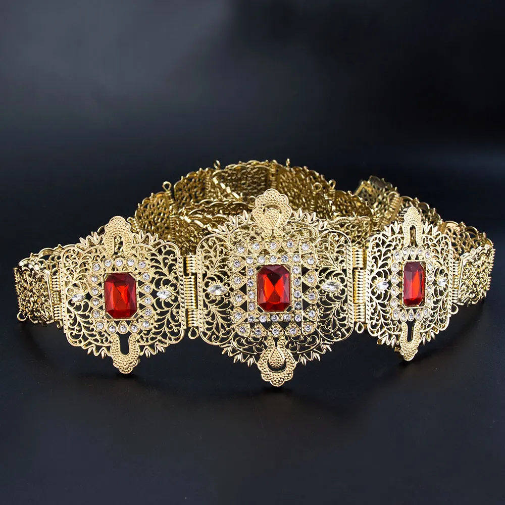 Gold Color Morocco Style Bridal Wedding Belt For Women Crystal Hollow Arabesque Caftan Waist Belt Adjustable Length image 2