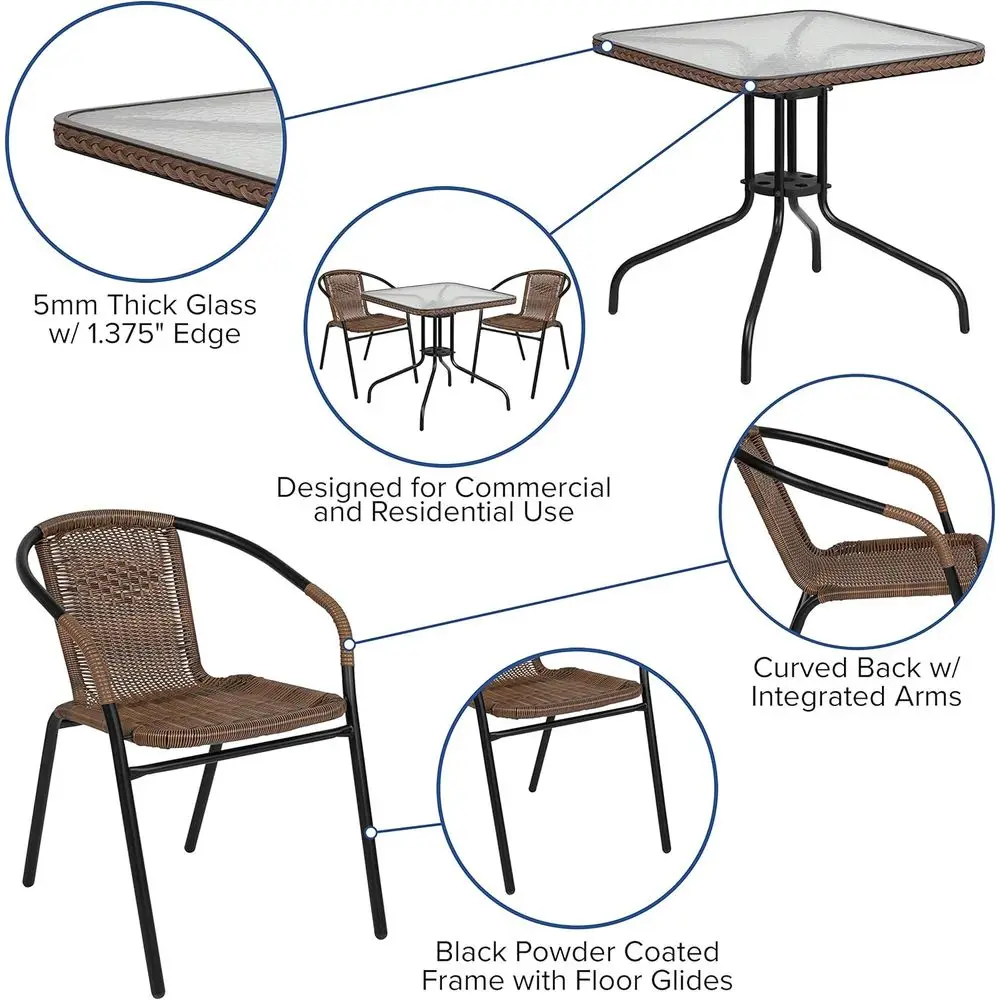 Lila 3-Piece 28 Square Outdoor Patio Table Set with Glass Metal Bistro Table and Stackable Rattan Chairs in Brown