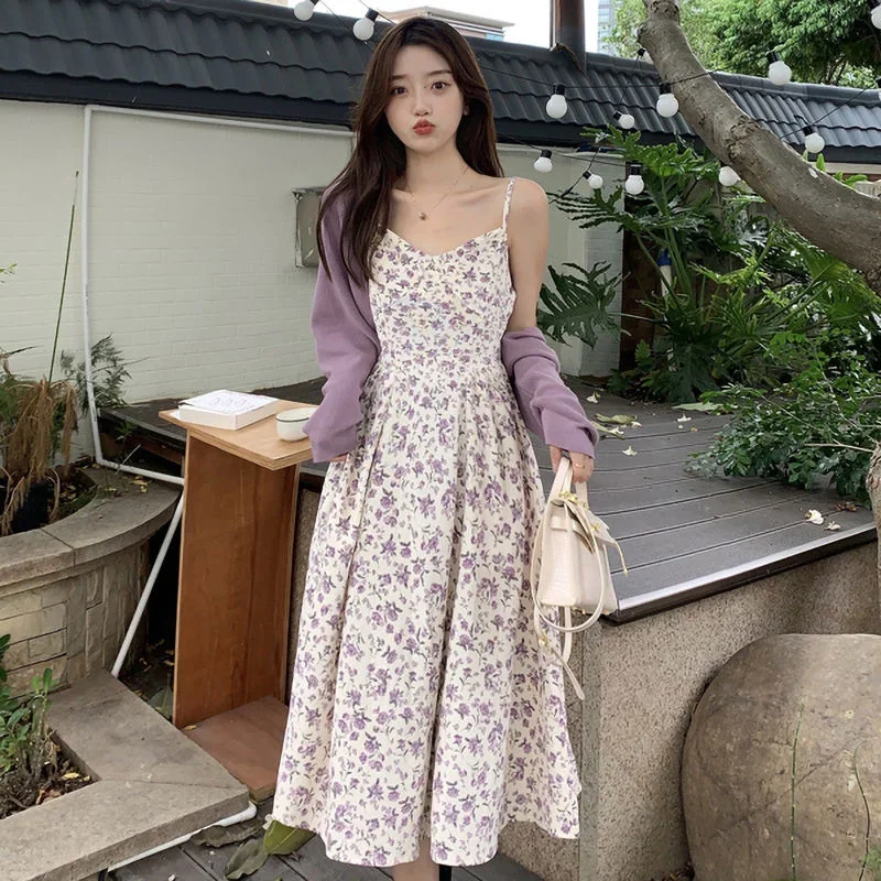 

Комплекты из 2 предметов, женская простая верхняя одежда, платье с цветочным принтом, милое темпераментное модное платье колледжа Ulzzang, тонкий весенний корейский стиль, классический повседневный стиль