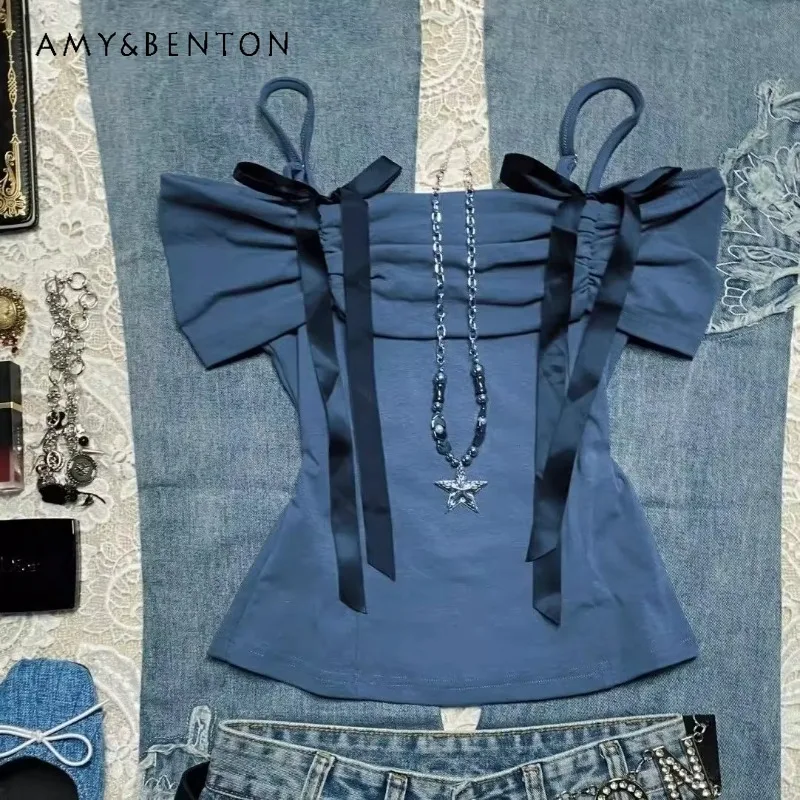 

American Retro Pleated Bow Sweet and Spicy Y2k Suspender Short Sleeve One-word Collar Top T-shirt Women