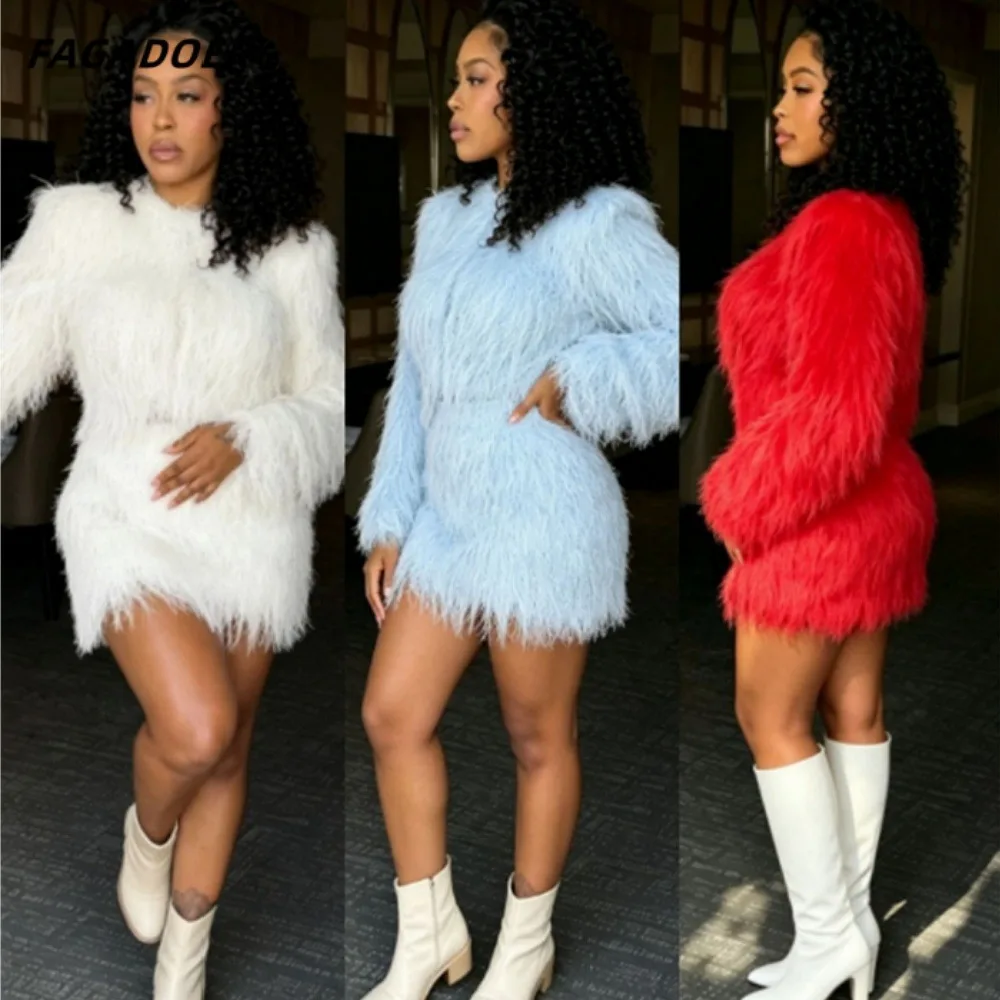 FAGADOER Women Fuzzy Fur 2 Piece Skirt Set Long Sleeve Fluffy Top High Waist Mini Skirt Sexy Bodycon Party Club Outfit