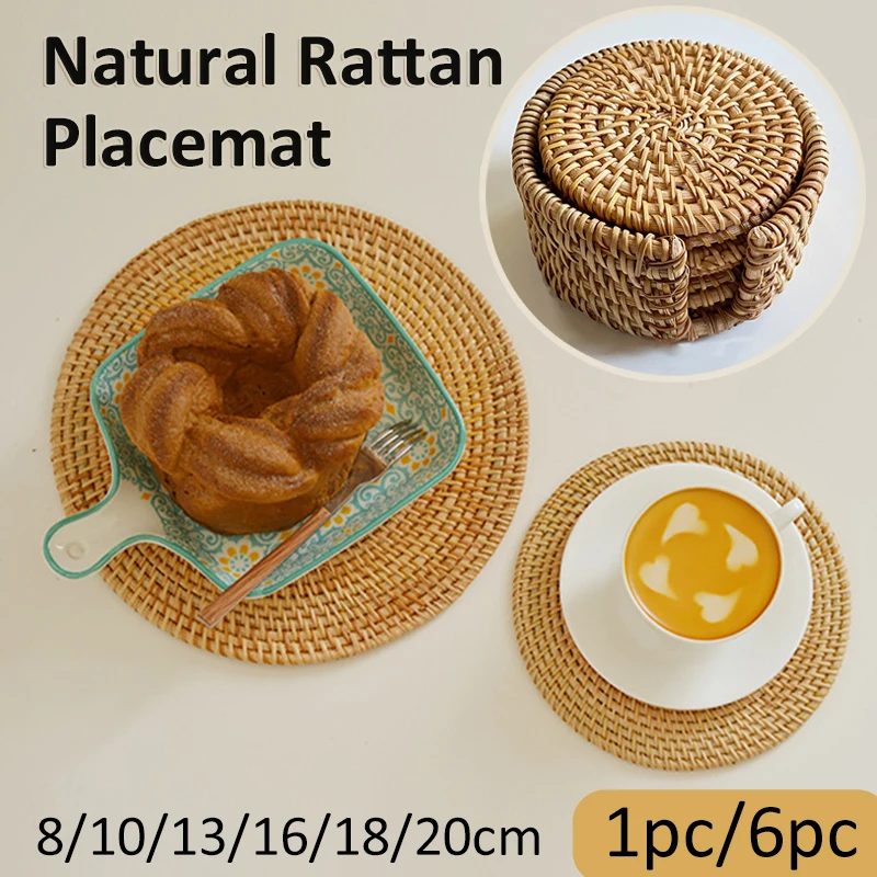 Handwoven Rattan Coaster 1PC/6PC Round Natural Woven Rattan Cup Coaster Drink Mug Pot Tea Coffee Placemat Kitchen Accessories