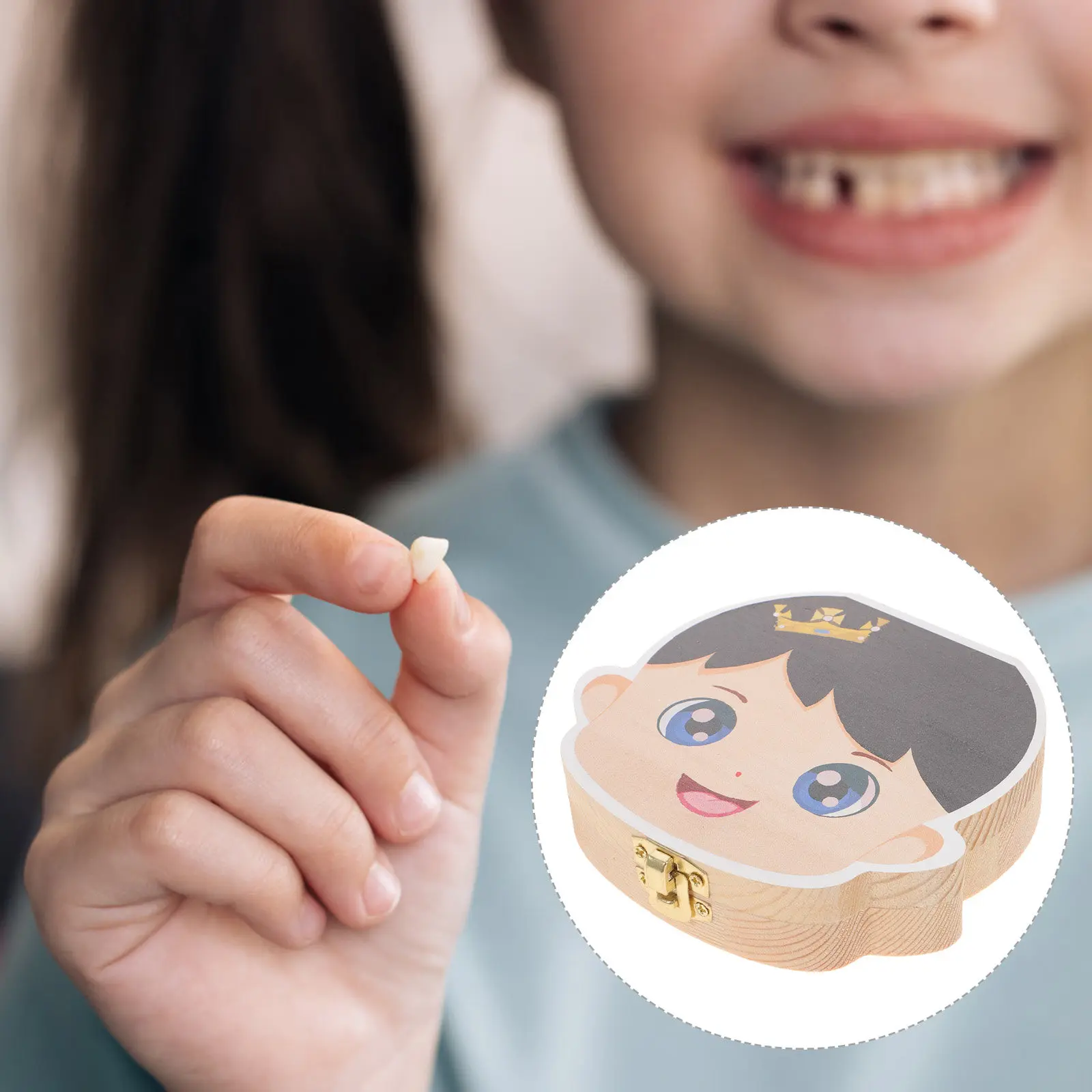 

Baby First Tooth Box Natural Wood Keepsake Case Cartoon Boy Design Long-Lasting Fade-Resistant Portable Tooth Holder for Kids