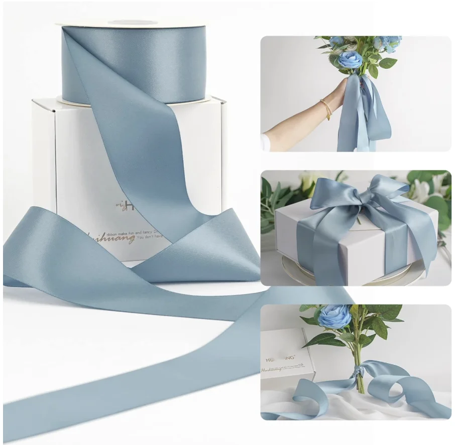 Dusty Blue Ribbon 2 inch Wide Double Face Blue Satin Ribbon for Flower Bouquet, Dusty Blue Silk Satin Ribbon for Wedding