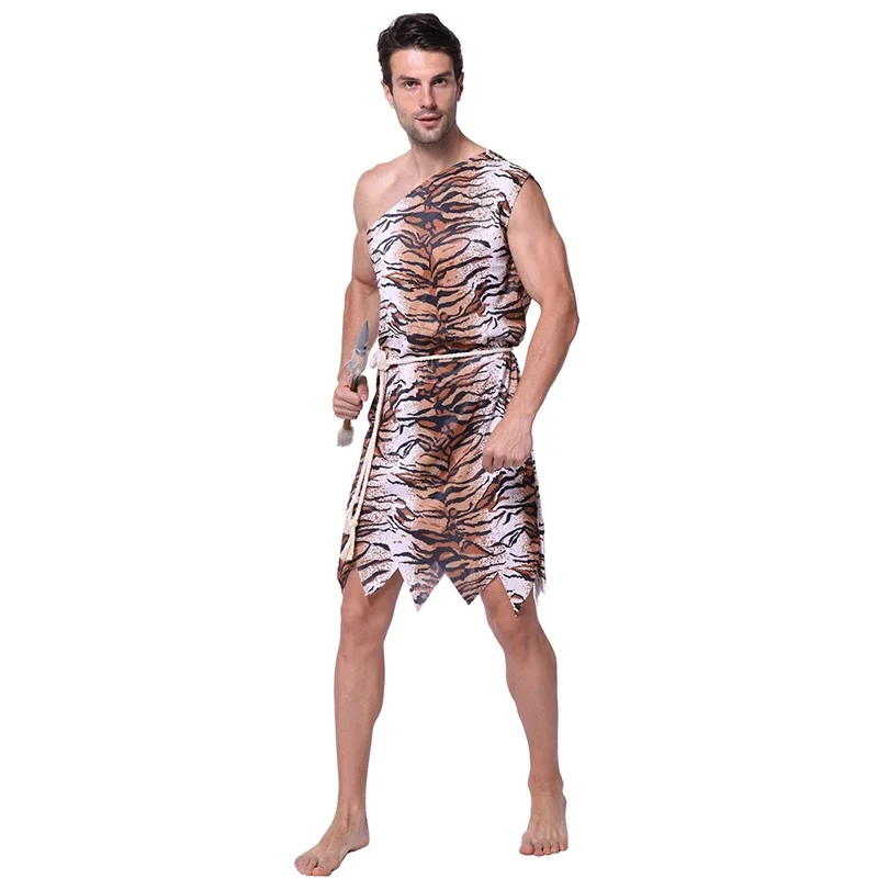 Primitive Indian Clothing Costume Caveman Croods Flintstones Purim Carnival Halloween Tiger Skin Jumpsuits Men Adult C20435AD JS