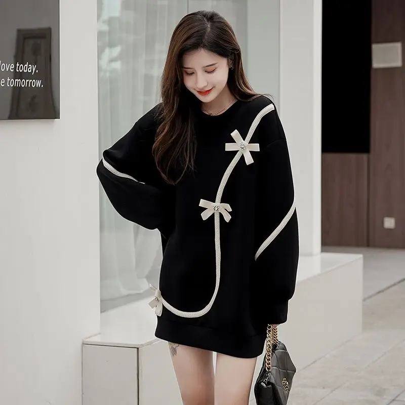 Female Top Long Black Round Neck Women\'s Sweatshirts Bow Pullovers Cotton 2025 Trend Coat Korean Fashion 90s Vintage Outerwears