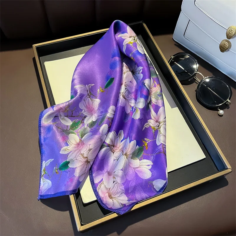 2024 NEW Hangzhou Silk Korean Version Romantic Purple Printed 53 Silk Square Women Scarf 100% Silk Scarf Thin Decorative Scarves