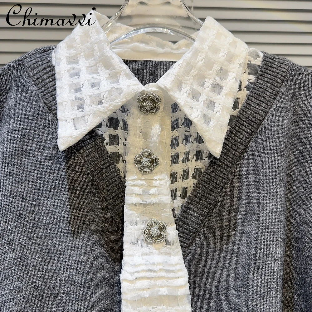 2024 Autumn Clothes New French Mesh Tie Splicing Collar Fake Two-piece Knitted Top Loose Long-sleeved Elegant Women's Sweater