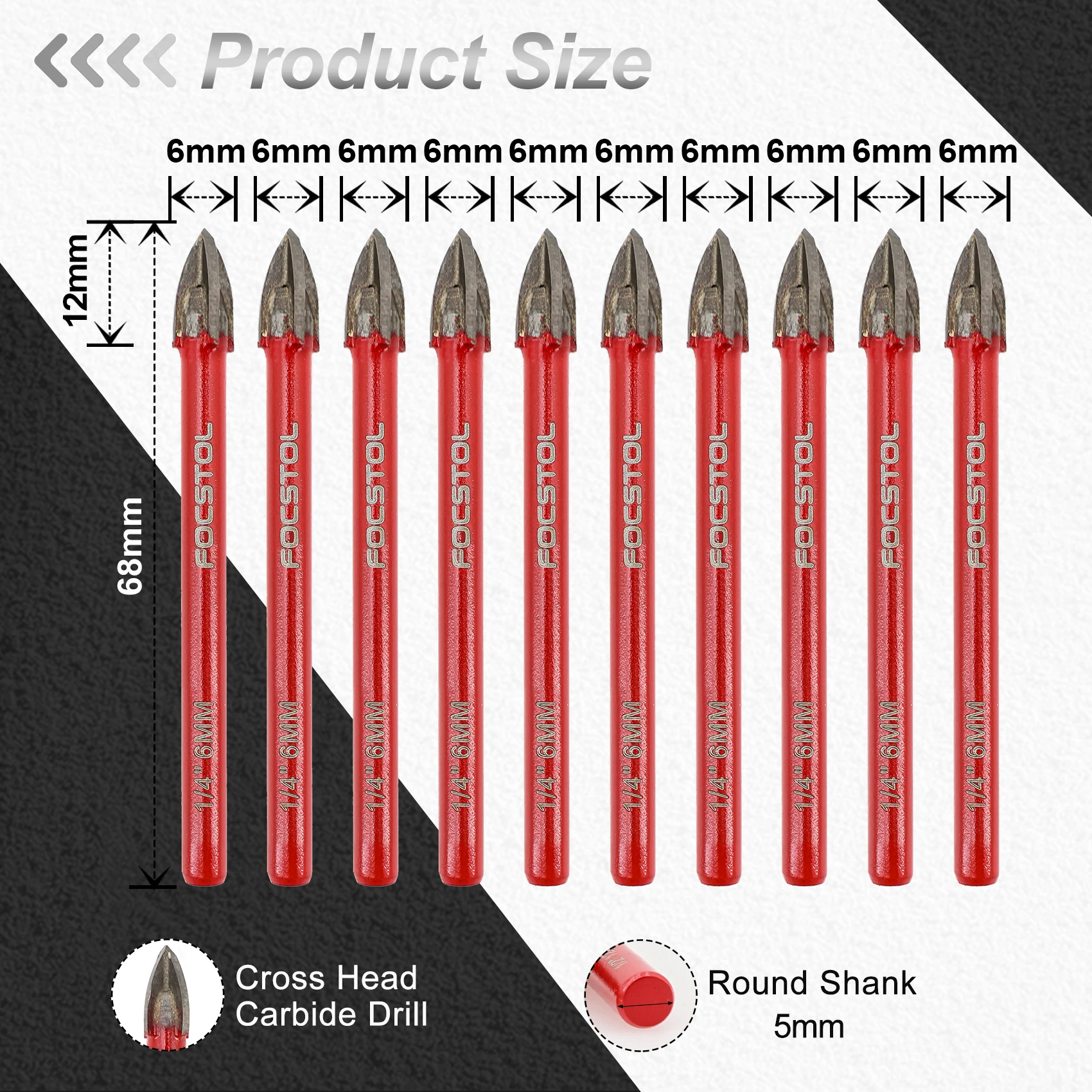 

FOCSTOL 10pcs 5/6/8/10mm Carbide Drills Round Shank Wood Plastic (PVC pipe) foam tiles Ceramics Marble Glass