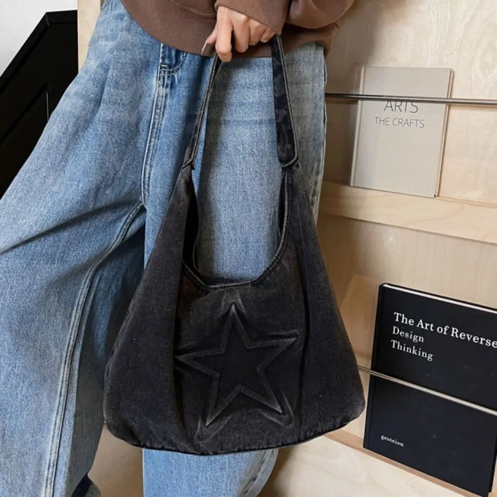 

Temperament Leisure Denim Tote Bag Harajuku Large Capacity Canvas Shoulder Bag Star Pattern Hobo Bag Women Handbag Women