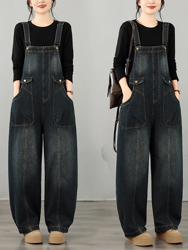 Loose Casual Denim Overalls with Big Pockets for plus Size Women Knife Shape Design Comfortable Cotton Blend Spring Autumn