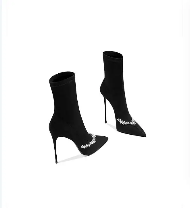 

2024 Autumn Women's Narrow Pointed Boots, Diamond Black High Heels, Fashion, Party Evening Dress,