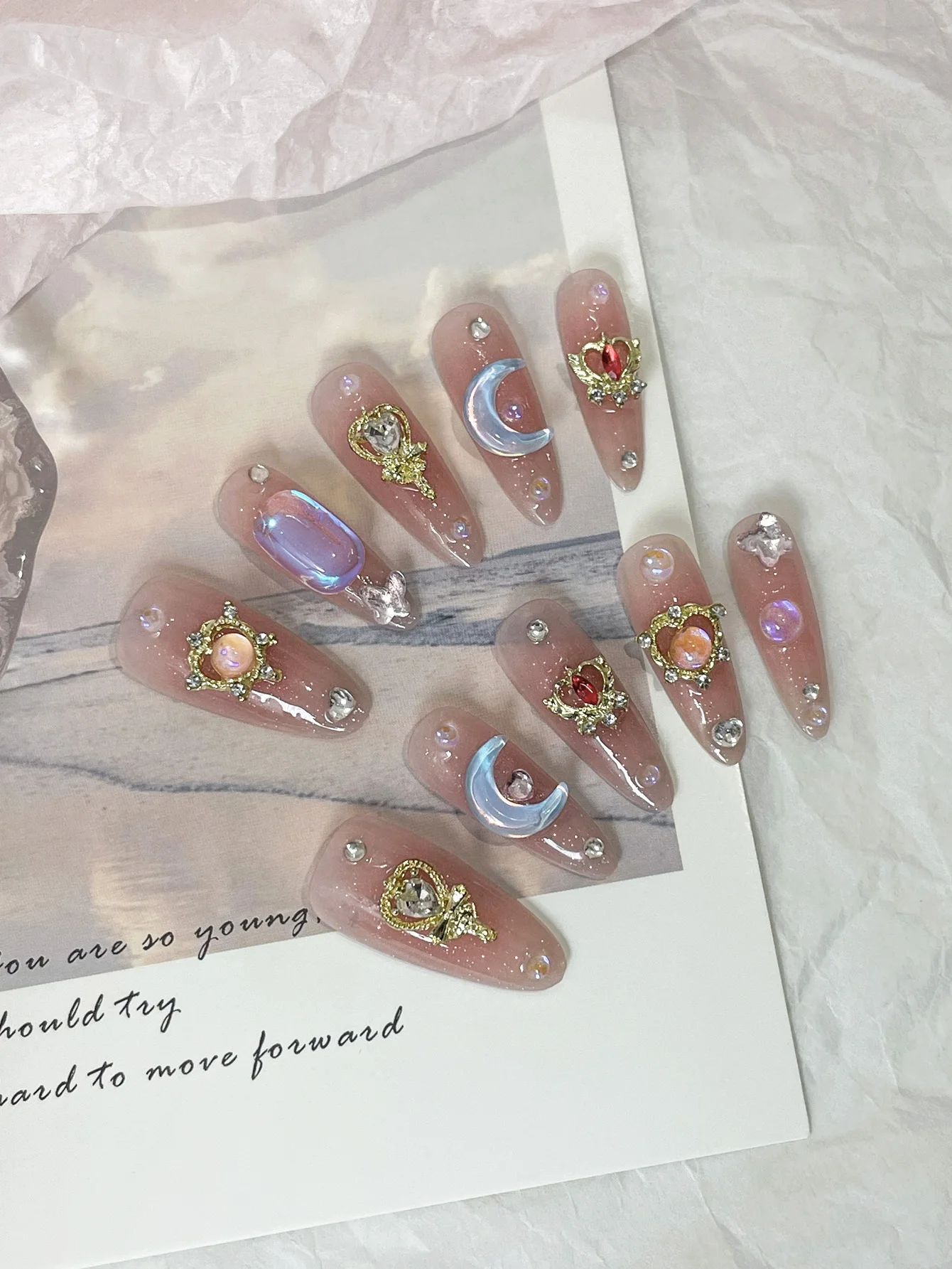 Long Stiletto Press On Nails, Sheer Nude Pink Sparkly False Nails, 3D Moon, Golden Heart Crown & Opal Rhinestone Design