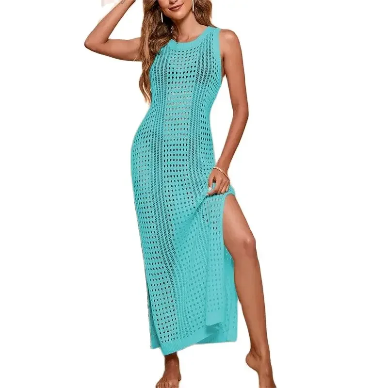 Sexy Hollow Out Bikini Cover-ups Women Loose Solid Color Knitted Beach Long Blouse Female Summer Side Split Hem Sleeveless Robe