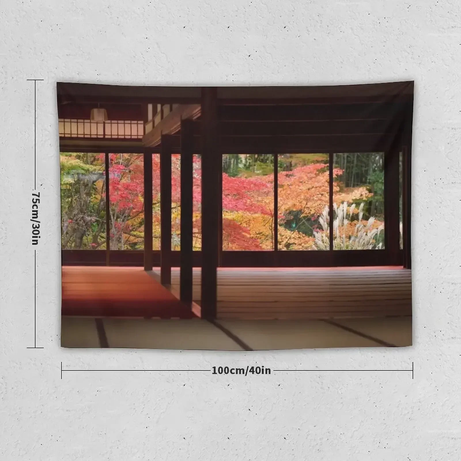 Traditional Japanese temple hall interior with beautiful autumn nature behind the windows of Tenjuan temple in Kyoto ar Tapestry