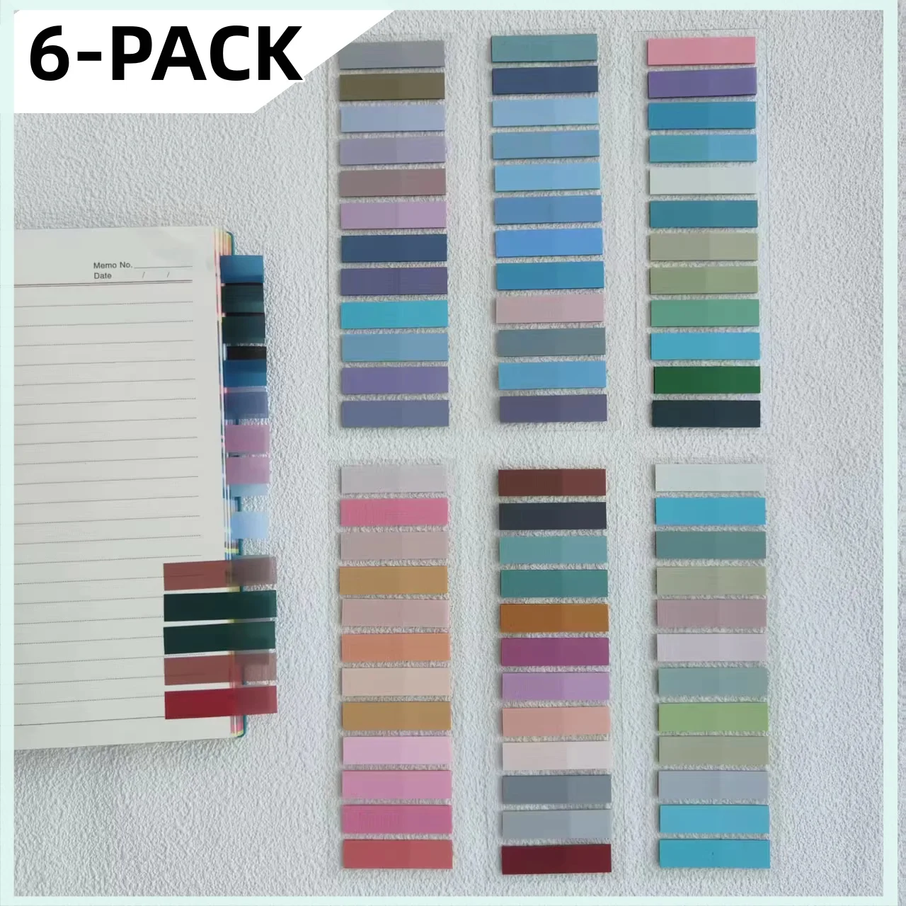 กระดาษโน้ตสีสันสดใส PET 1200 ชิ้น 6 แพ็ค ใช้เป็นที่คั่นหนังสือ ป้ายติดสมุดภาพ คอลลาจ เครื่องเขียน DIY อุปกรณ์งานฝีมือ สำหรับใช้ในครัวเรือน