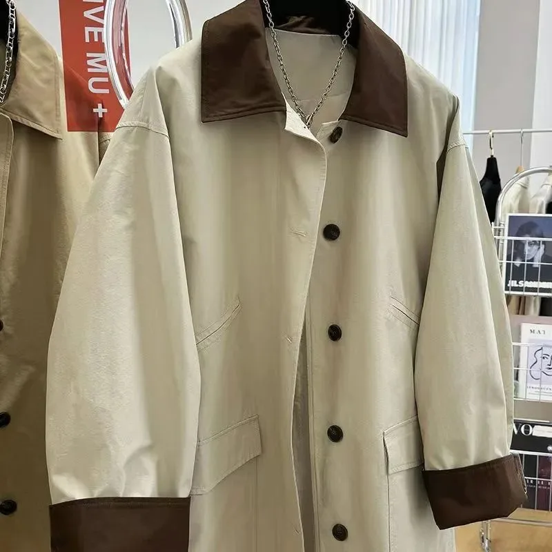 

Women's Beige & Brown Color Block Trench Coat Button Front Loose Long-Sleeve Outerwear