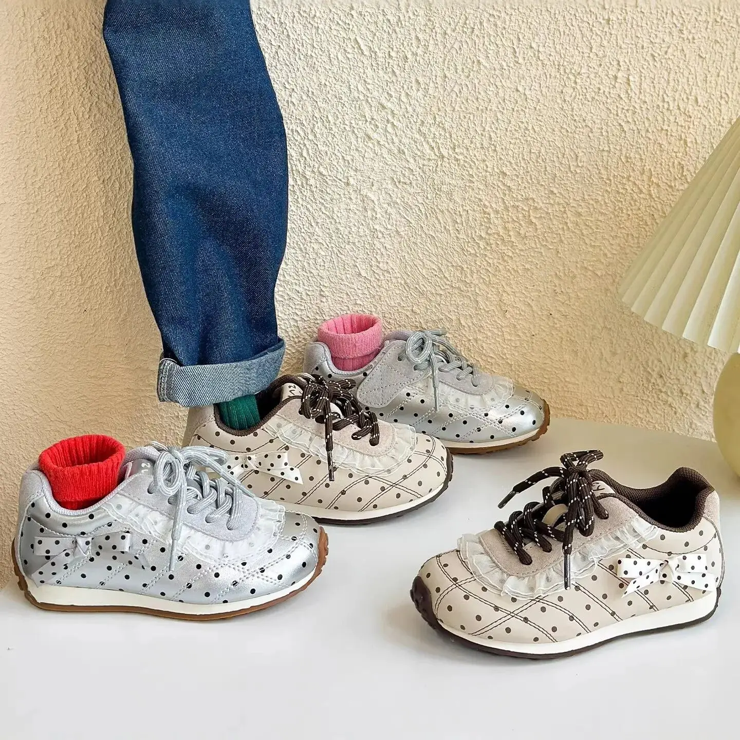 

Kids'Casual Shoes Sneakers PU Leather Polka Dot Spring Bow Shoes For Girls Breathable Anti-slip Silver Beige Shoes Size 26-36