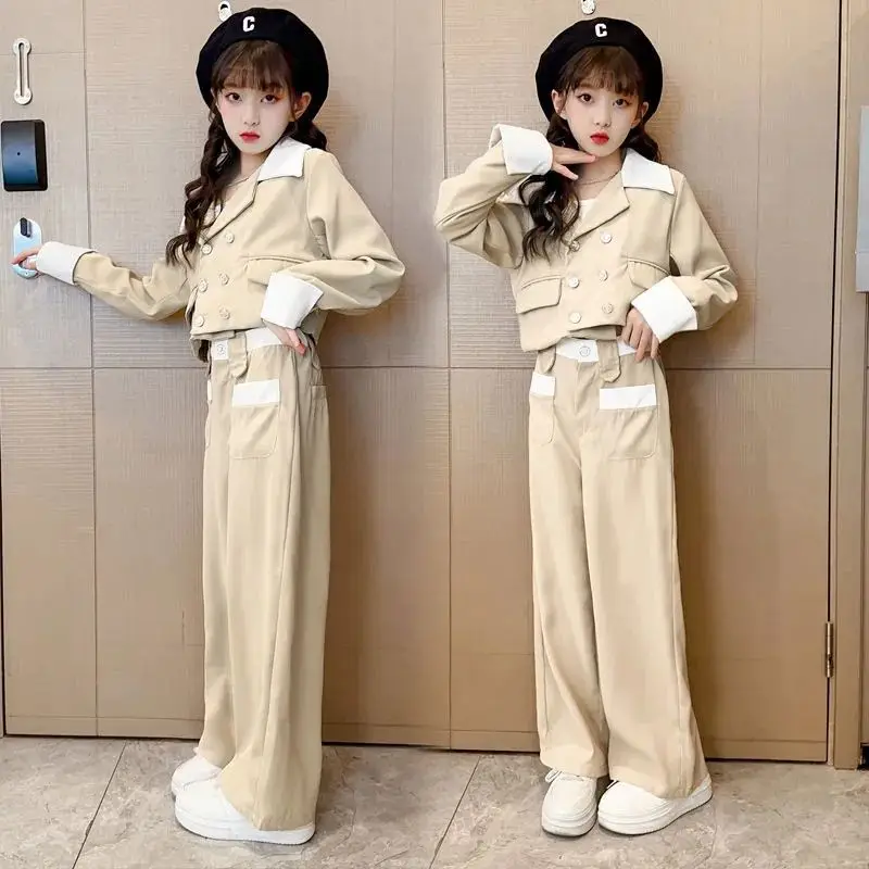 Girls Blazer Suit Set with Wide Leg Pants Trendy Preppy 2 Piece Outfit for Kids Spring Autumn School Style Kids Formal Clothing