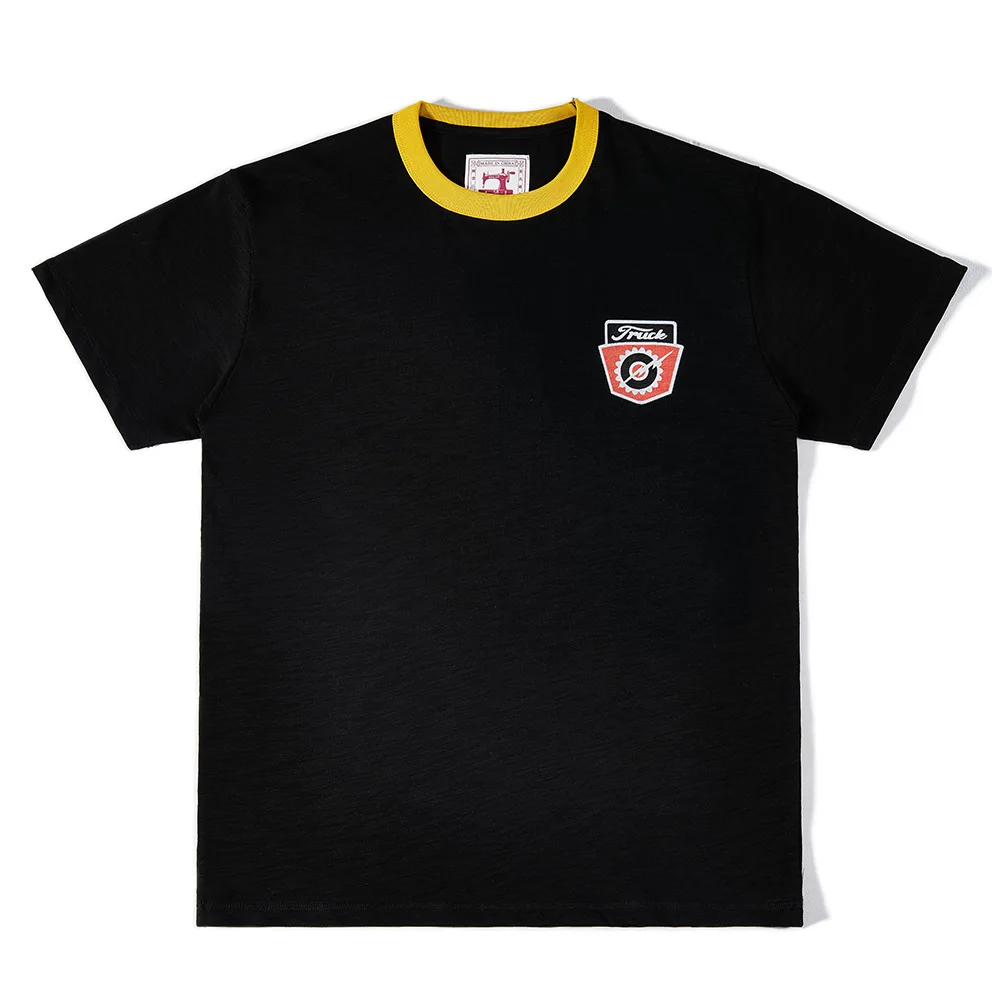 Camiseta Vintage Americana com Estampa Ford F100, Manga Curta Masculina, 300gsm, Algodão Slub 100% Lavado, Camisetas com Gola Contrastante
