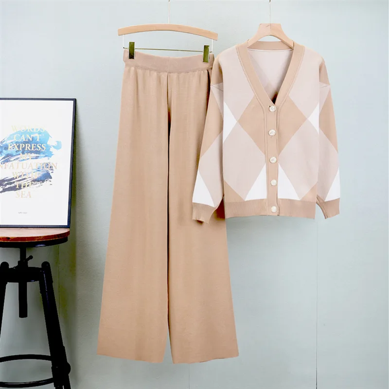 

Fashion Wide Leg Pants Spring Autumn Women Cardigan Set Causal Knitted Plaid Outwear 2 Piece Sweater Tracksuit Elegant Tops B564