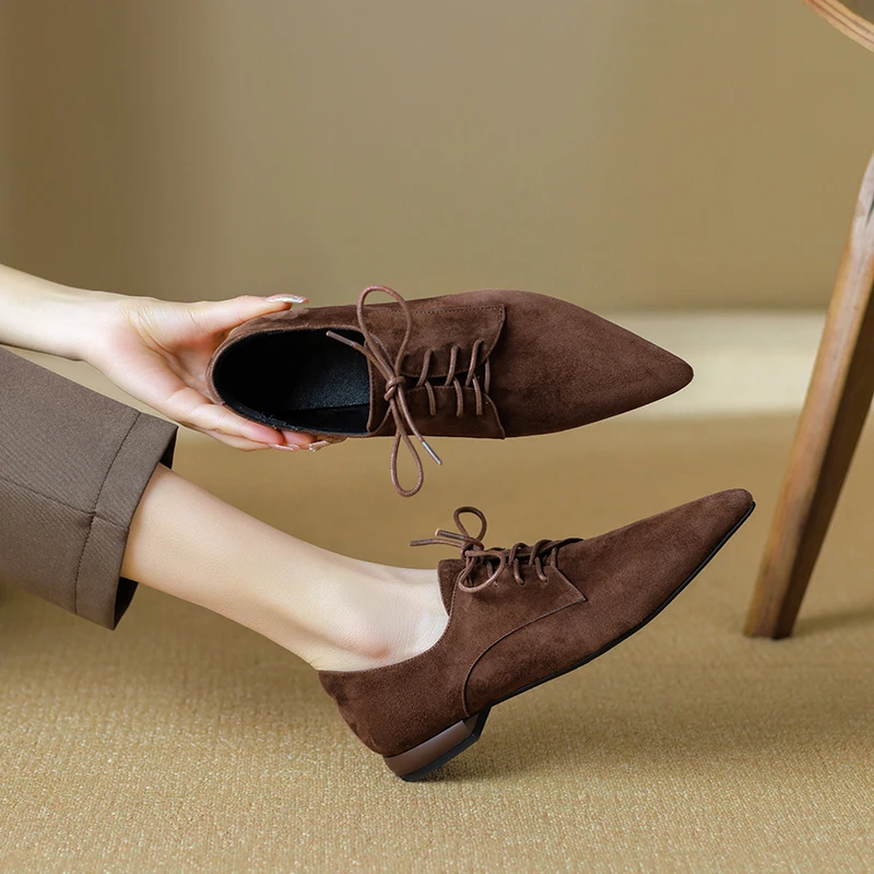 2026 spring autumn women pumps natural leather plus size 22-26cm kid suede+microfiber pointed toe loafers lace-up women shoes