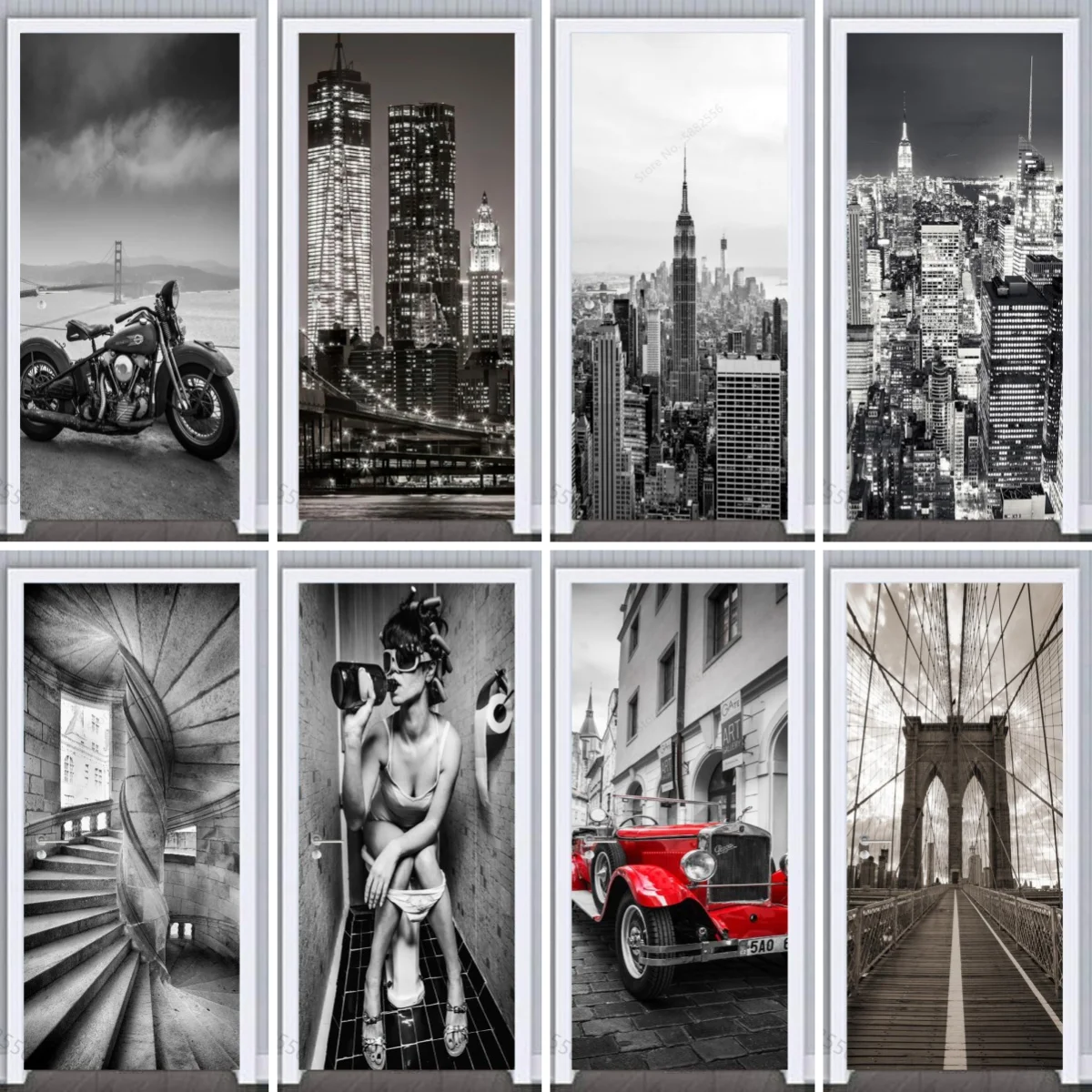 Black Container Black and White Cityscape Background Door Stickers Living Room Decoration Self Adhesive Stickers PVC Decal Mural