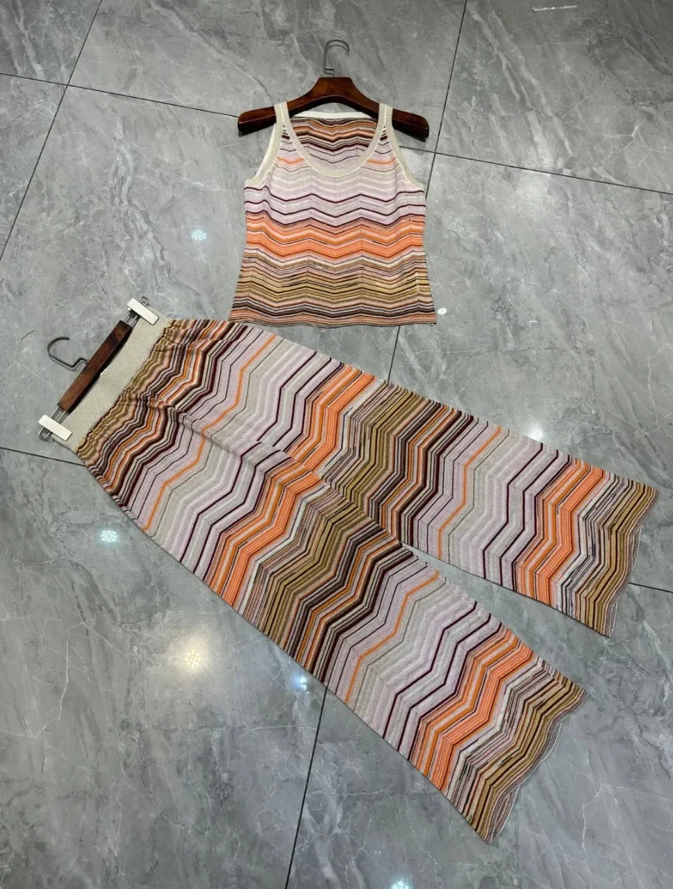 Colored Striped Knitted Set for Women Spring Summer 2025 O-Neck Sleeveless Vest + Elastic Waist Wide Leg Pants Vintage Suit
