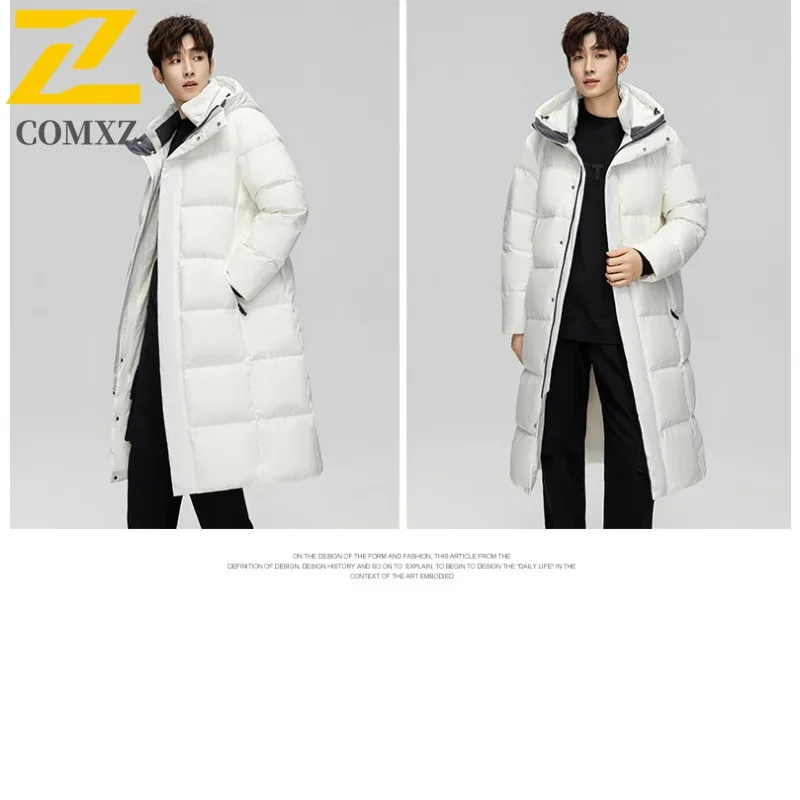 COMXZ 2025 Unisex Down Jacket Solid Color Hooded Hiking Travel Warm Long Coat High Quality White Duck Down Winter Filler Down