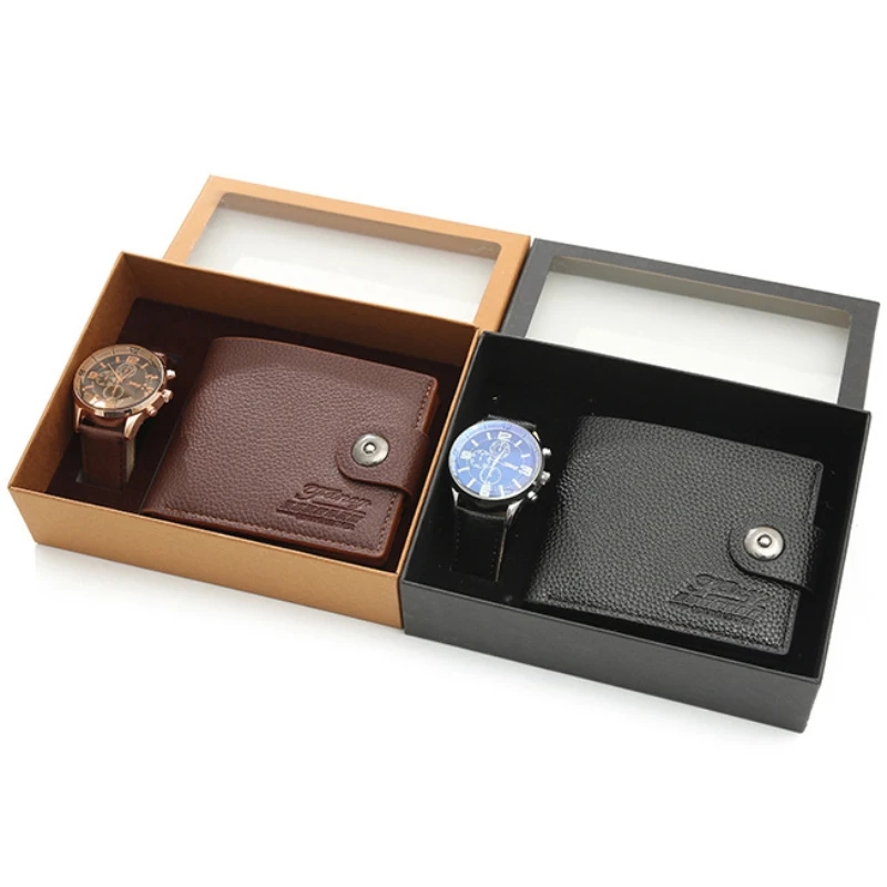 New 2Pcs/Set Fashion Mens Watches Set Gift Box Luxury Watch for Men Best Gift Mens Wallet Wristwatch Set with Box Male Clock