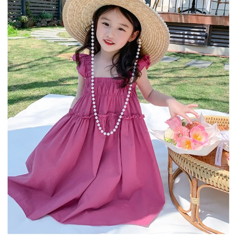 Summer Girls Dress Solid Cotton Ruffled Sleeves Show Waist Lace Up Bow Tie Backless Dress Kids Princess Beach Vestidos