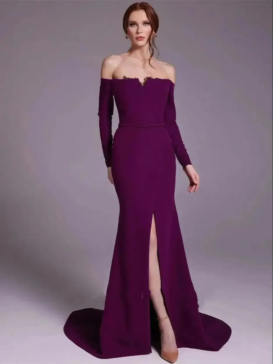 

Elegant Purple Satin Off-the-shoulder Sheath Cocktail Boat Neck Side Split Occasion Evening Gown Arabic Evening Dress