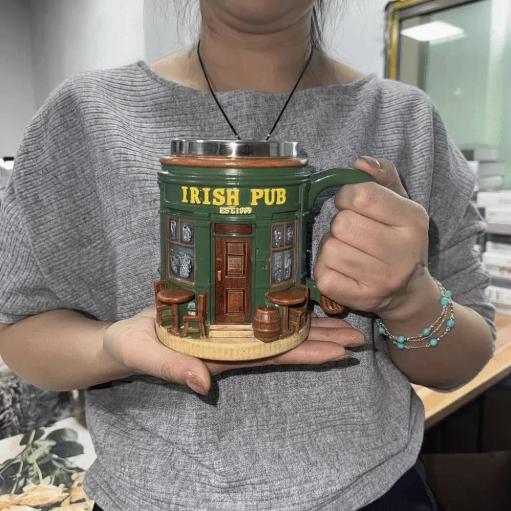 with Handle Irish Pub 3D Novelty Coffee Mug Green Traditional Pub Design Comfortable Ergonomic Handle Ceramic Coffee Mug