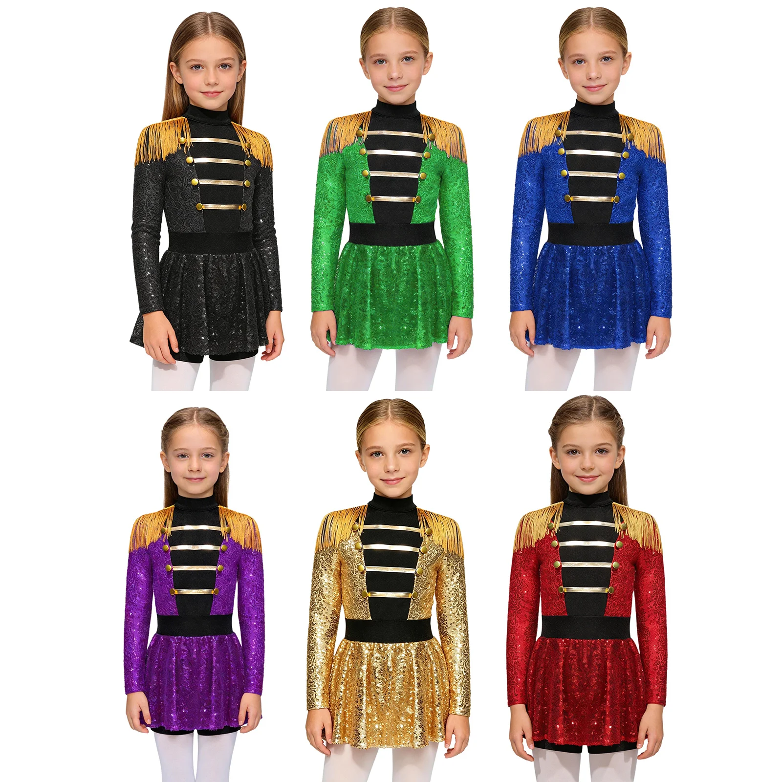 Kids Girls Ringmaster Circus Costume Lion Tamer Fancy Dress Tassel Epaulet Shiny Sequin Leotard Dress Majorett Halloween Clothes