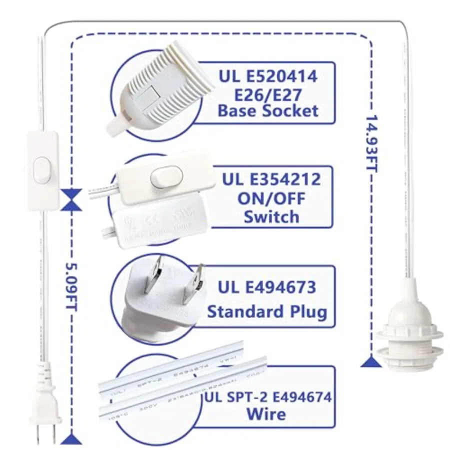 UL Listed 20Ft Hanging Lamp Cord, 360W Pendant Light Kit with E26 E27 Socket and On/Off Switch, White Plug in Extension Cable f