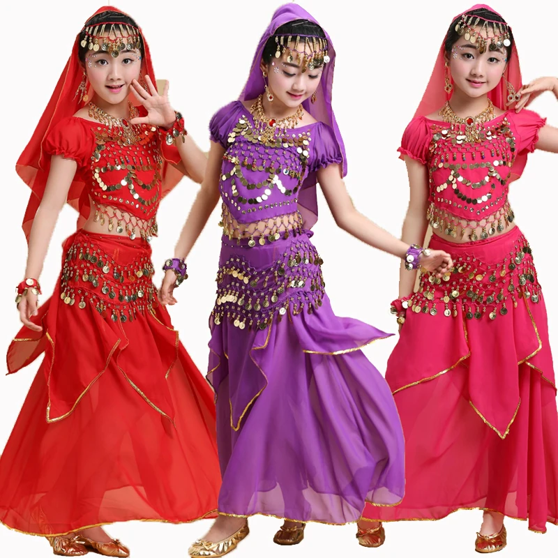 

Kids Belly Dance Chiffon Costume Oriental Dance Dancer Clothes Indian Dance Girl 5pcs/set Girls Egyptian Bollywood Clothing suit