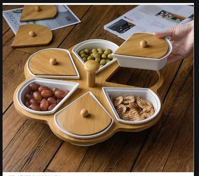 Heart Shaped Ceramic Plates Snacks Bowl Set Dessert Plate Rotatable Wooden Fruit Dish Dinner Porcelain Cake Tray Food Tableware