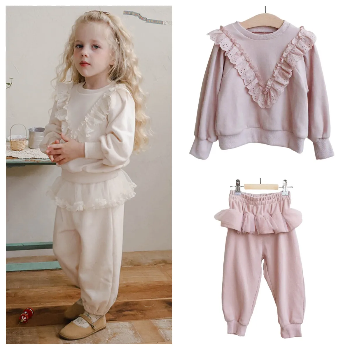 

Girls Clothes 2025 Autumn Korean Children and Girls Cute Lace Round Neck Long-sleeved Sweater and Lace Pants Outfit Set