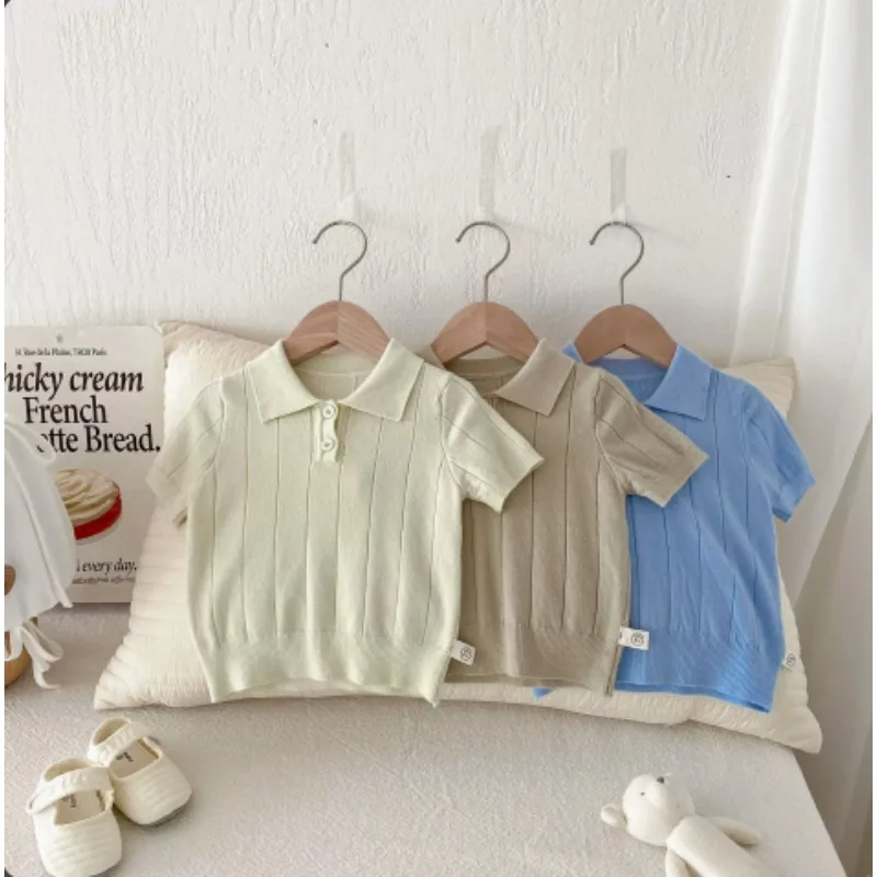Korean Spring/summer Baby Elasticity Hood Children's Baby Flip Collar Knitted Shirt Short Sleeved Thin Summer Top