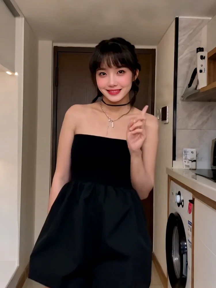 Sexy Bla Bandeau One-Piece Pantsuit High Waist Slimming Waist Design ort Pants Commute Sle Polyester Fabric