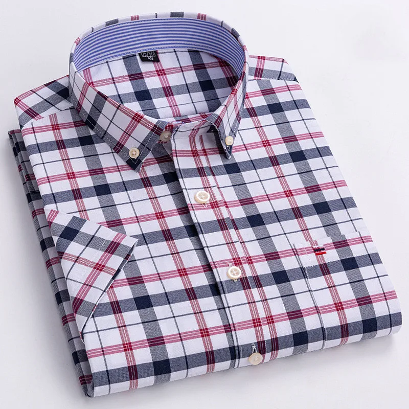 100% Cotton Breathable Men Oxford Short Sleeve 2024Summer Plaid Striped Male Clothes Business Regular Fit Oversized shirts S~7XL