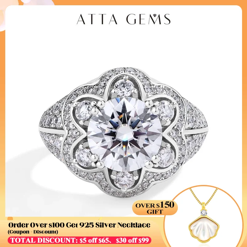 

ATTAGEMS Luxury 3.0CT Moissanite Rings for Women Full D Color VVS1 Lab Diamond S925 Sterling Silver Flower Shape Wedding Jewelry