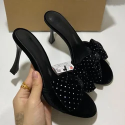 Vintage Fashion Women's Summer Sandals Rhinestone Bowknot Large Size 2025 Elegant Slingback High Heeled Shoes for Female