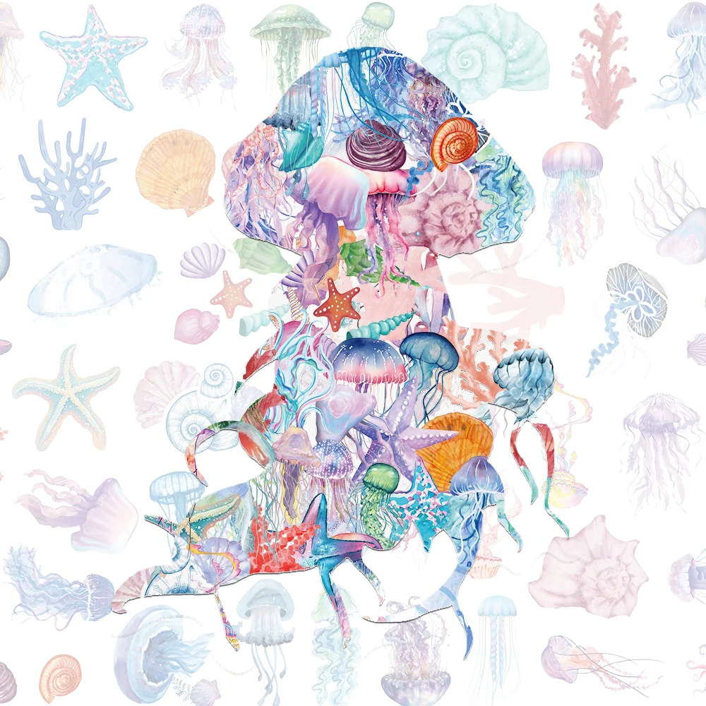  50 Stück Traumhafte Kunst Tropische Fische PET-Aufkleber Quallen Seestern Muschel Korallen Aufkleber Dekorativer Rahmen Geschenk-Dekor